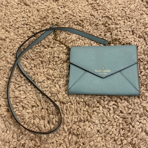 Kate Spade powder blue envelope wallet purse with matching blue/gold chain - Picture 3 of 8